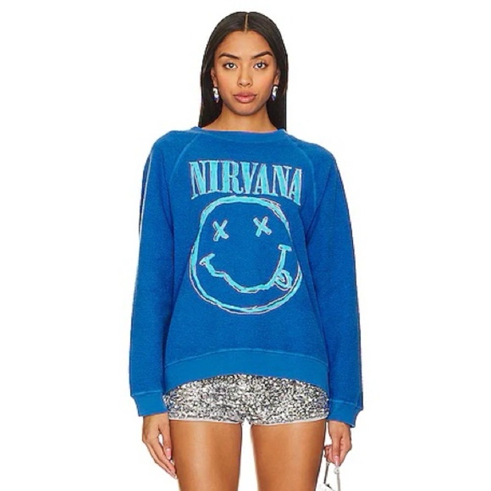Daydreamer | Nirvana Smiley Reverse Raglan Crew Washed Cobalt Oversized Size S